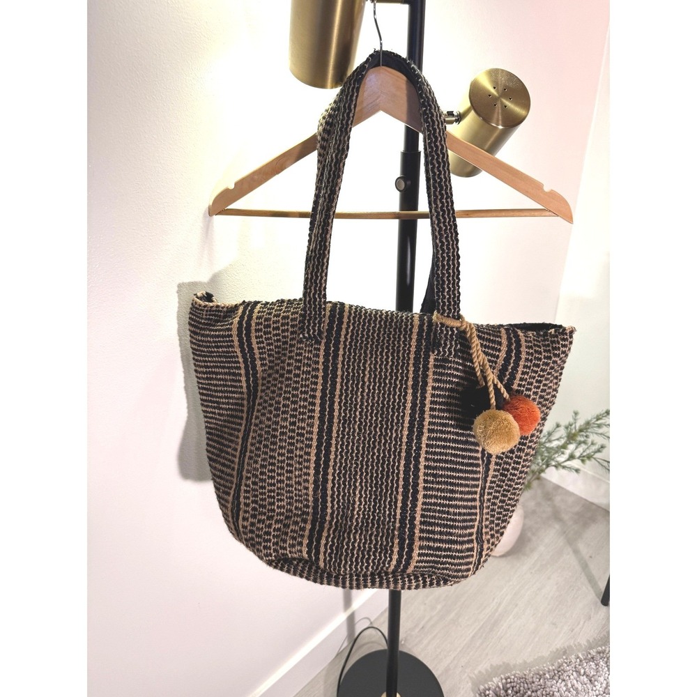 Anabaglish Large Woven Jute Striped Tote Bag Black Tan Pom Pom Charms Boho